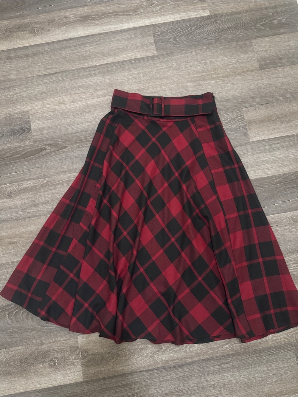 Ashley Stewart Red and Black Plaid Circle Skirt with Waist Belt